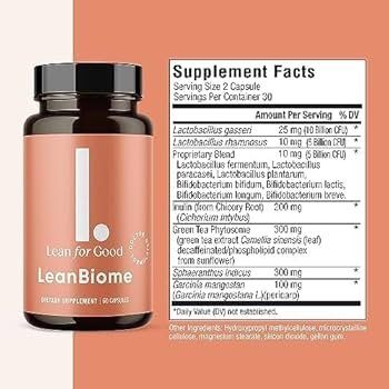 LeanBiome supplement facts label showing Lactobacillus gasseri 10 billion CFU, L. rhamnosus 5 billion CFU, Inulin 200mg, Green Tea Phytosome 300mg, Sphaeranthus indicus 300mg, Garcinia mangostana 100mg