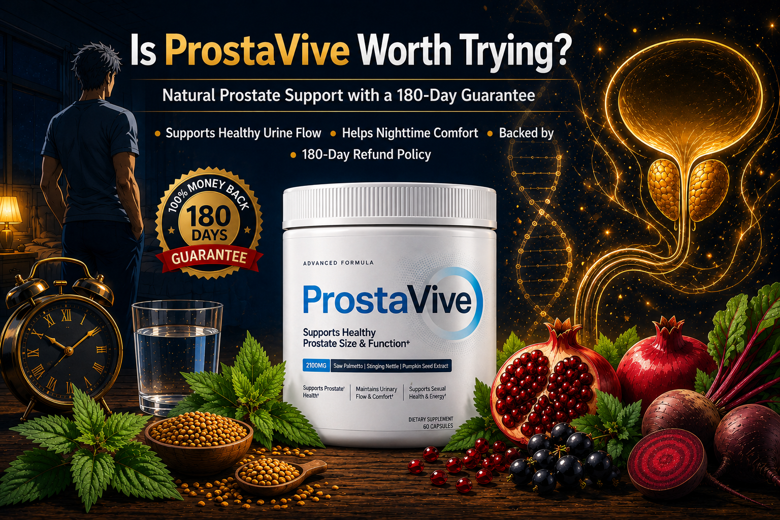 ProstaVive prostate supplement review — bottle with natural ingredients
