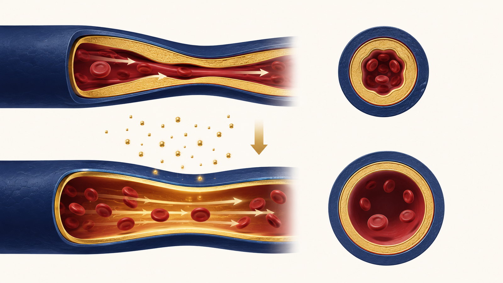 Medical illustration of blood flow and nitric oxide in male sexual performance
