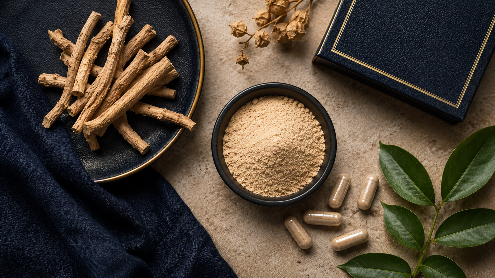 Ashwagandha root, powder and capsules