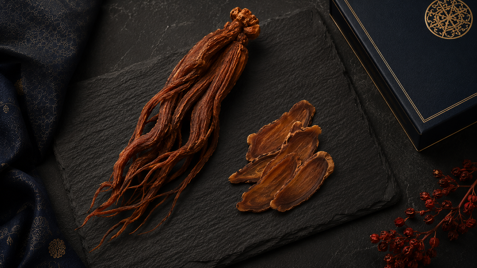 Korean red ginseng root, whole and sliced