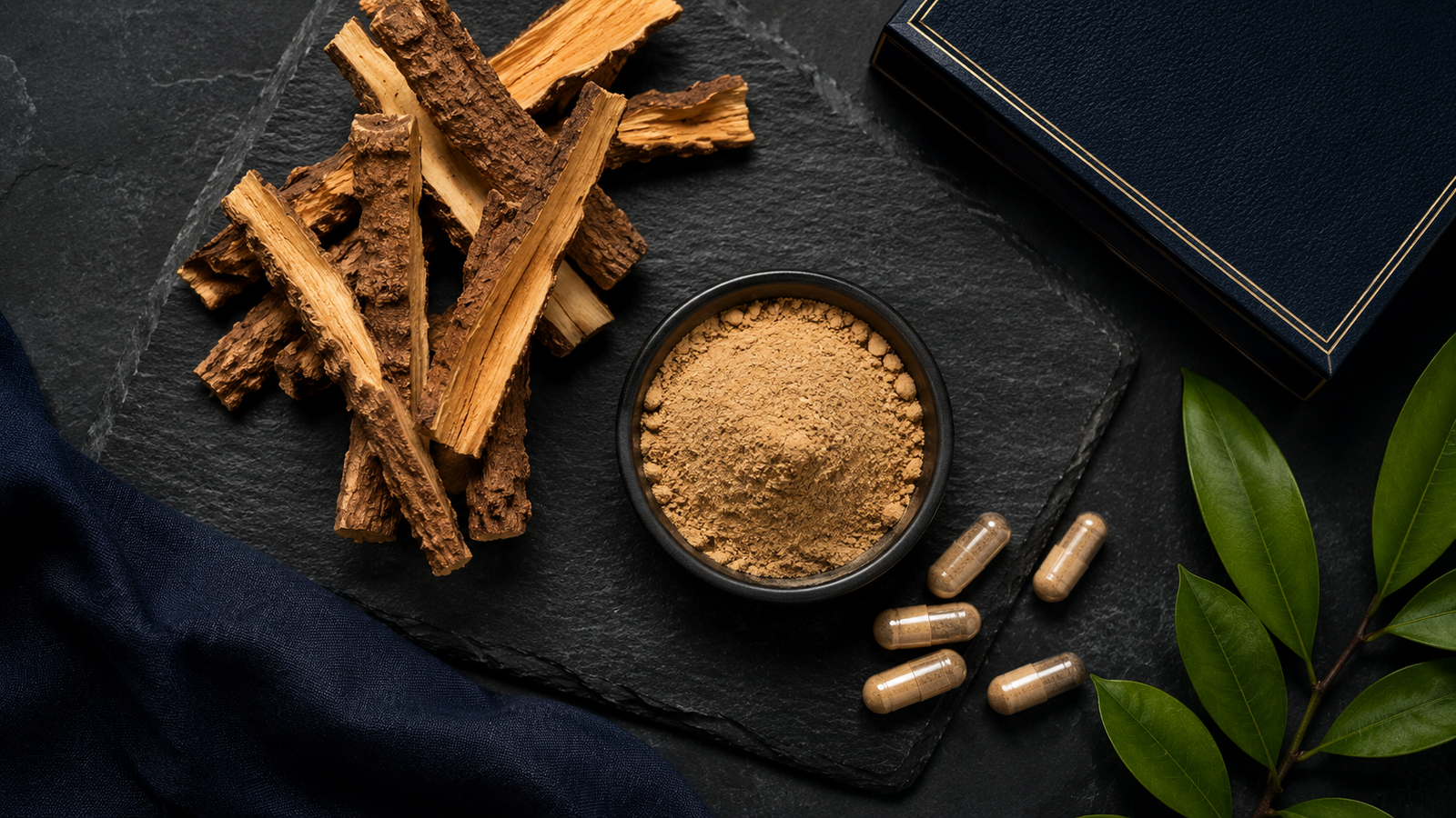 Tongkat Ali root, powder and capsules
