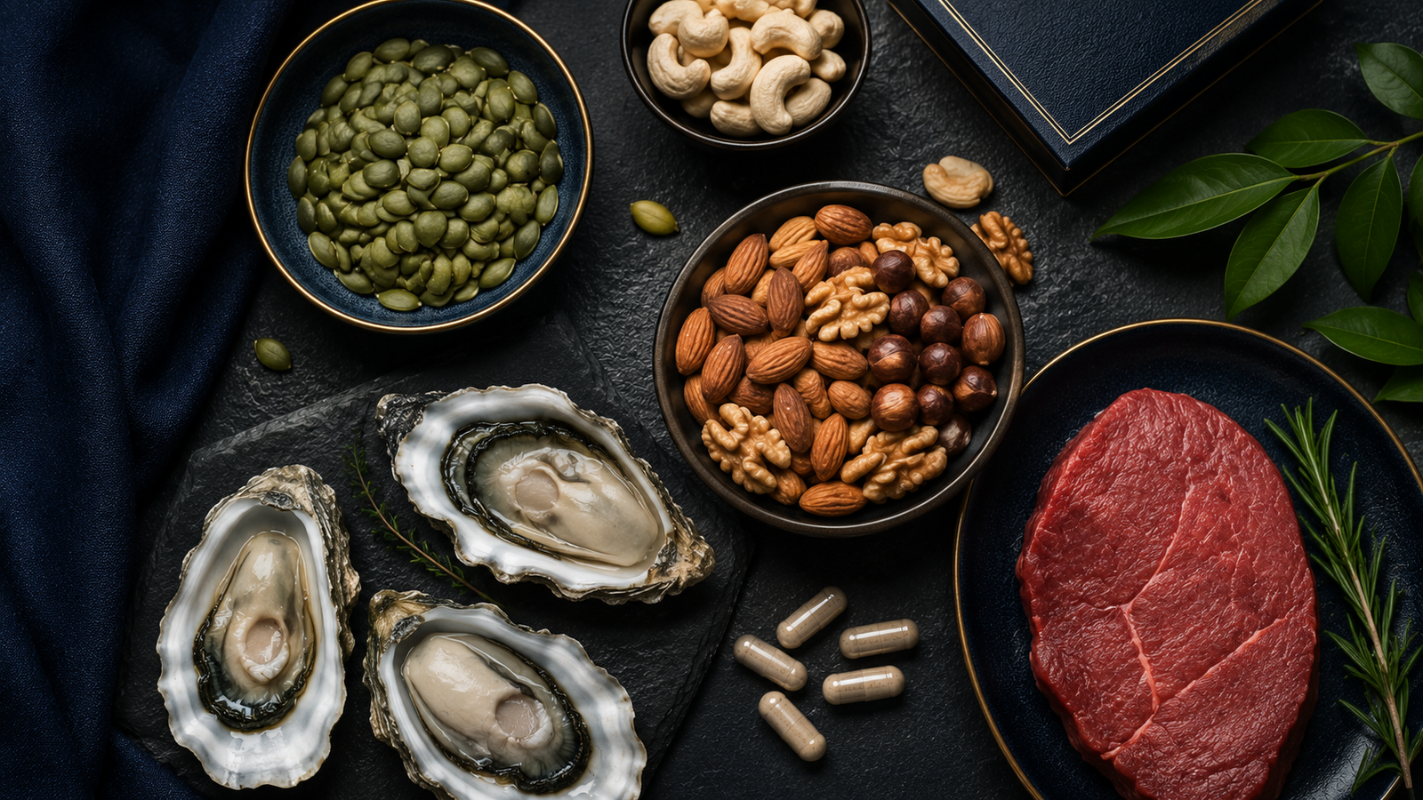 Zinc-rich foods including oysters, pumpkin seeds and nuts