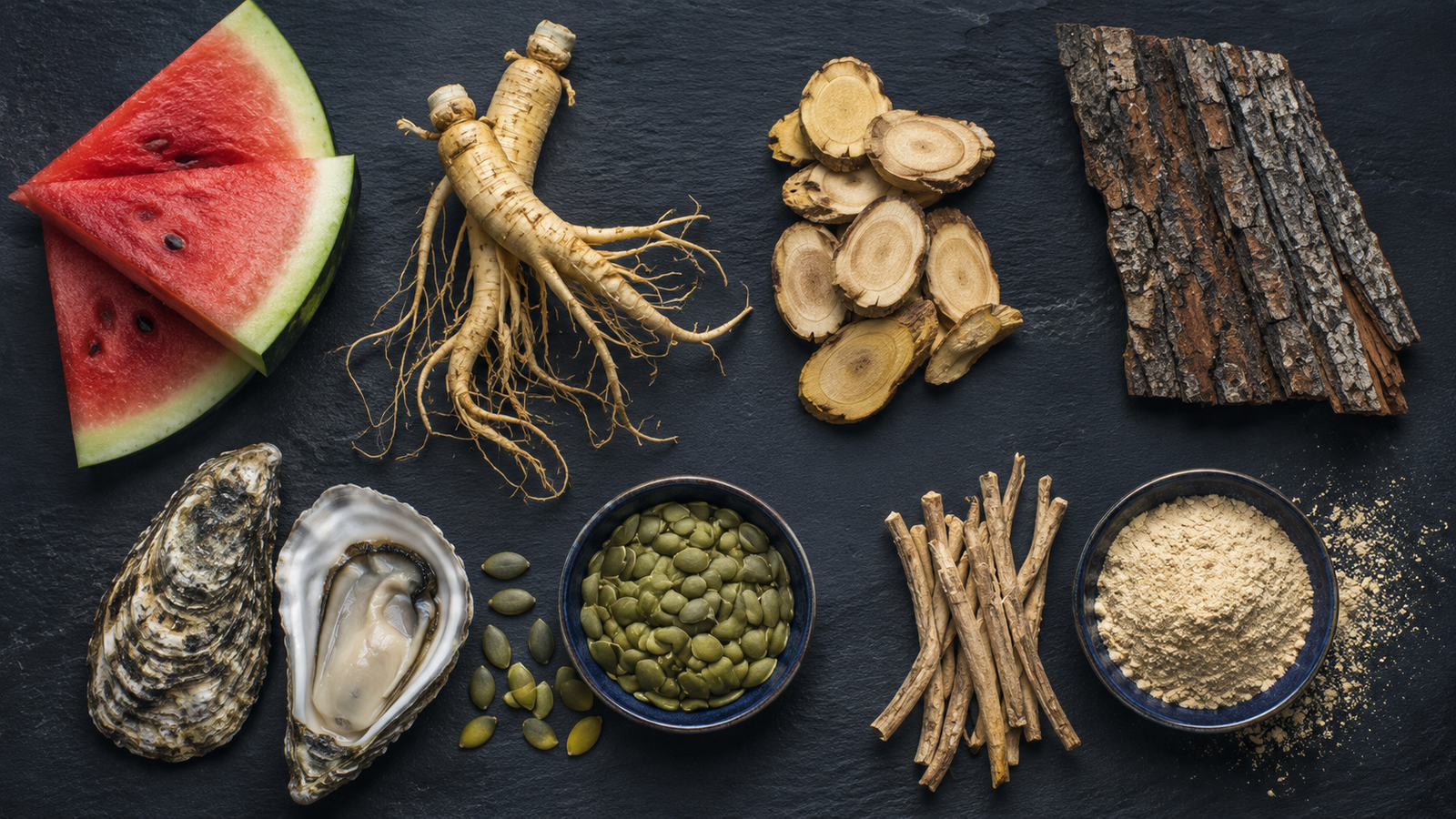 Evidence-backed male performance ingredients including ginseng, Tongkat Ali, pine bark and zinc-rich foods