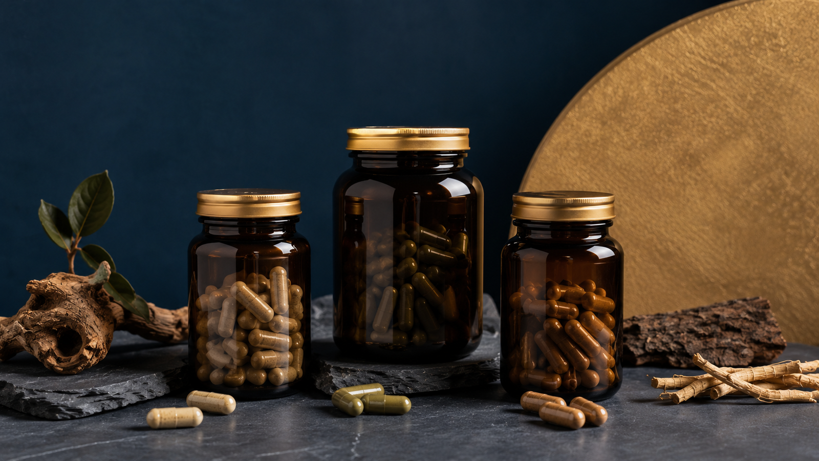 Natural male performance supplement bottles and capsules