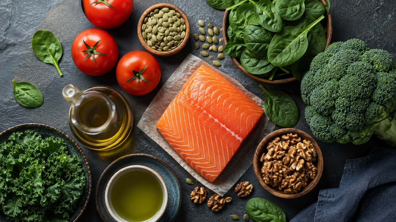 Prostate-healthy foods including tomatoes, greens, salmon, nuts and seeds