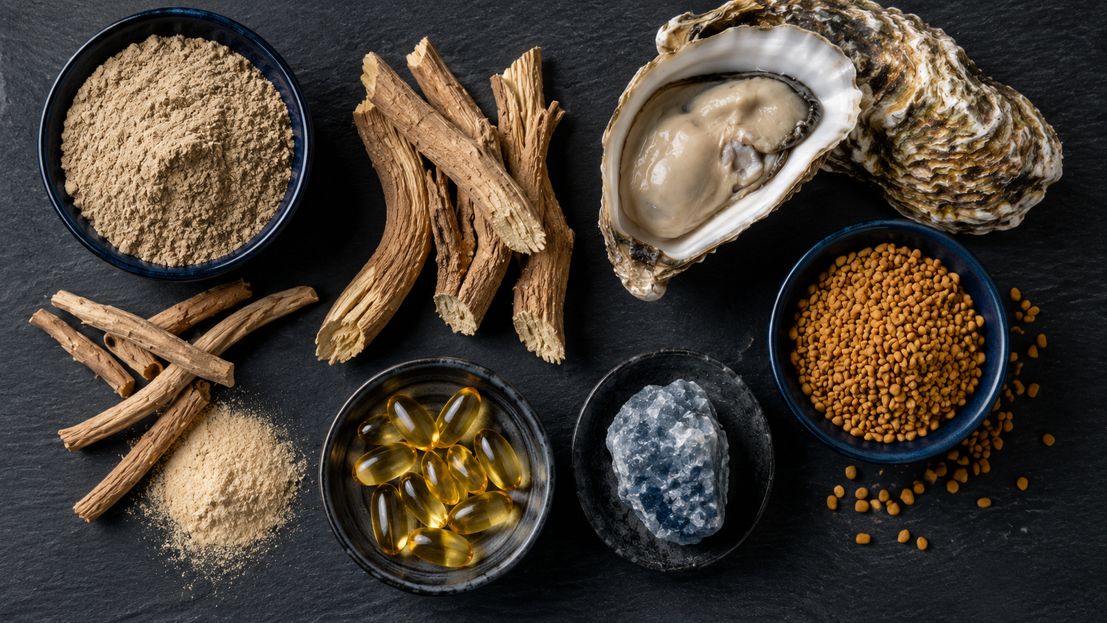 Testosterone supplement ingredients including ashwagandha, tongkat ali, zinc and fenugreek