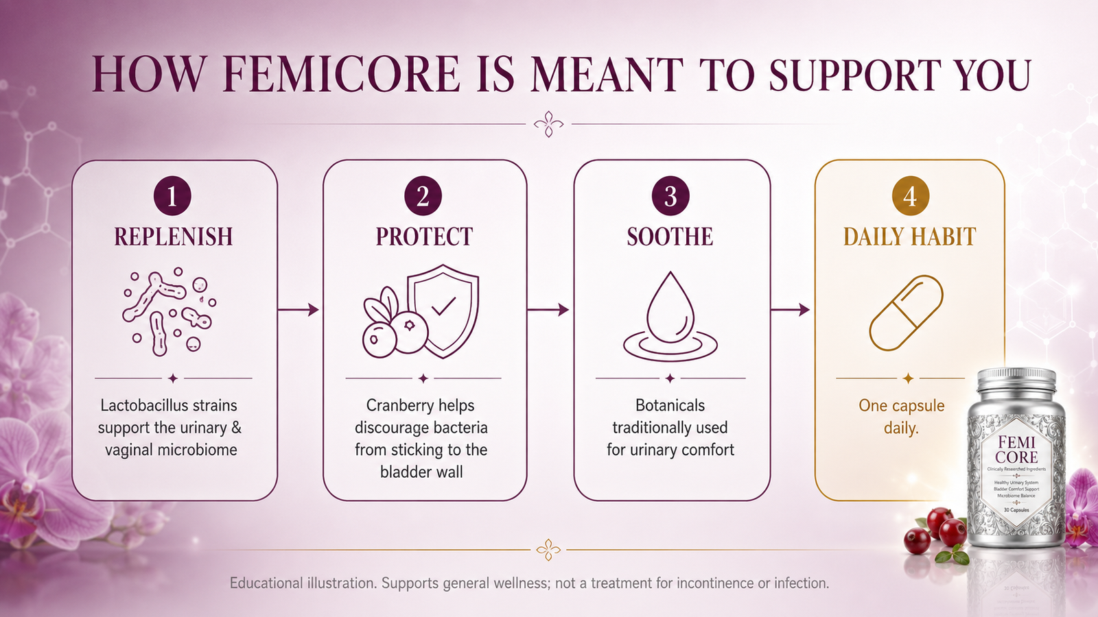 How FemiCore is meant to support you — probiotics for the urinary microbiome, cranberry and bearberry for urinary-tract comfort, taken once daily