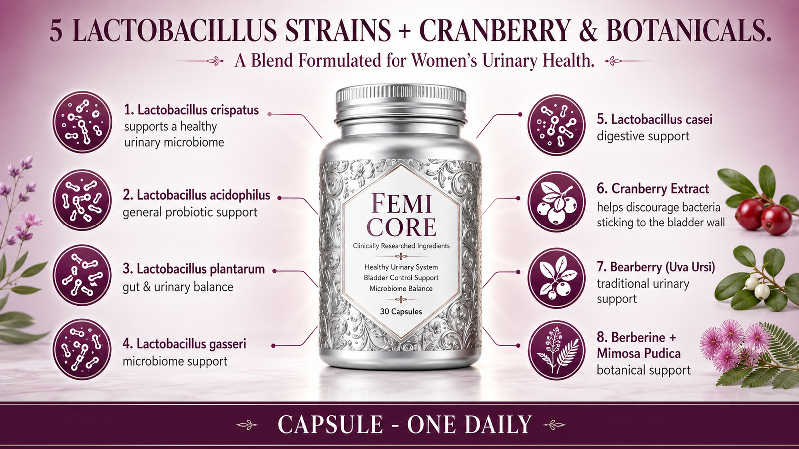 FemiCore ingredients breakdown — five Lactobacillus strains, cranberry, bearberry, berberine and mimosa pudica