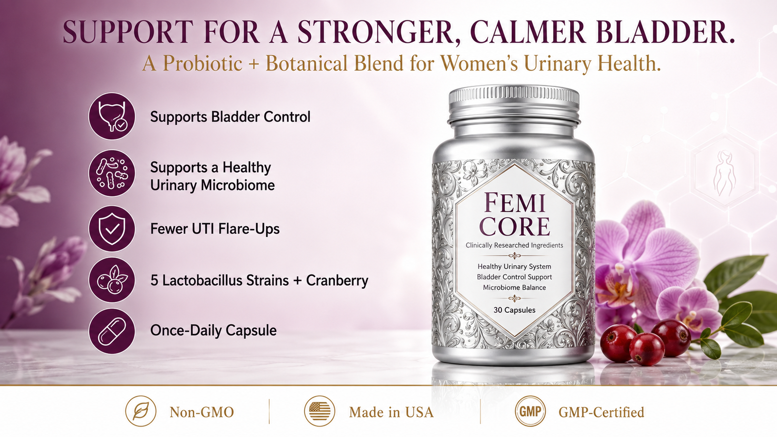 FemiCore review 2026 — women's bladder-health capsule with cranberry, bearberry and five Lactobacillus probiotic strains for urinary microbiome support