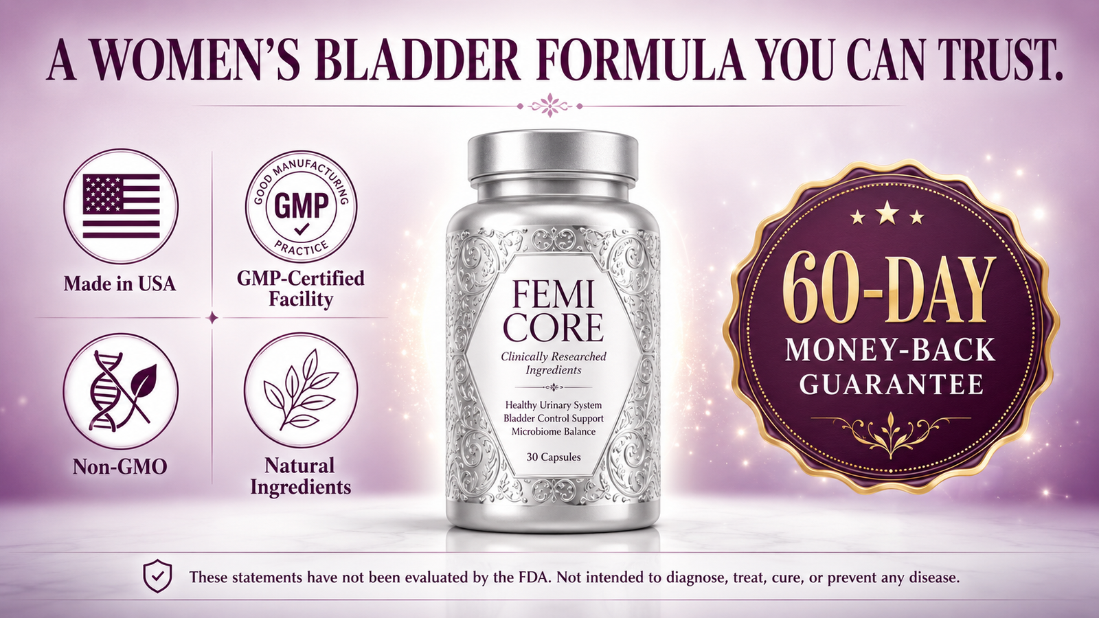 FemiCore trust and guarantee — probiotic and botanical capsule, non-GMO, backed by a 60-day money-back guarantee