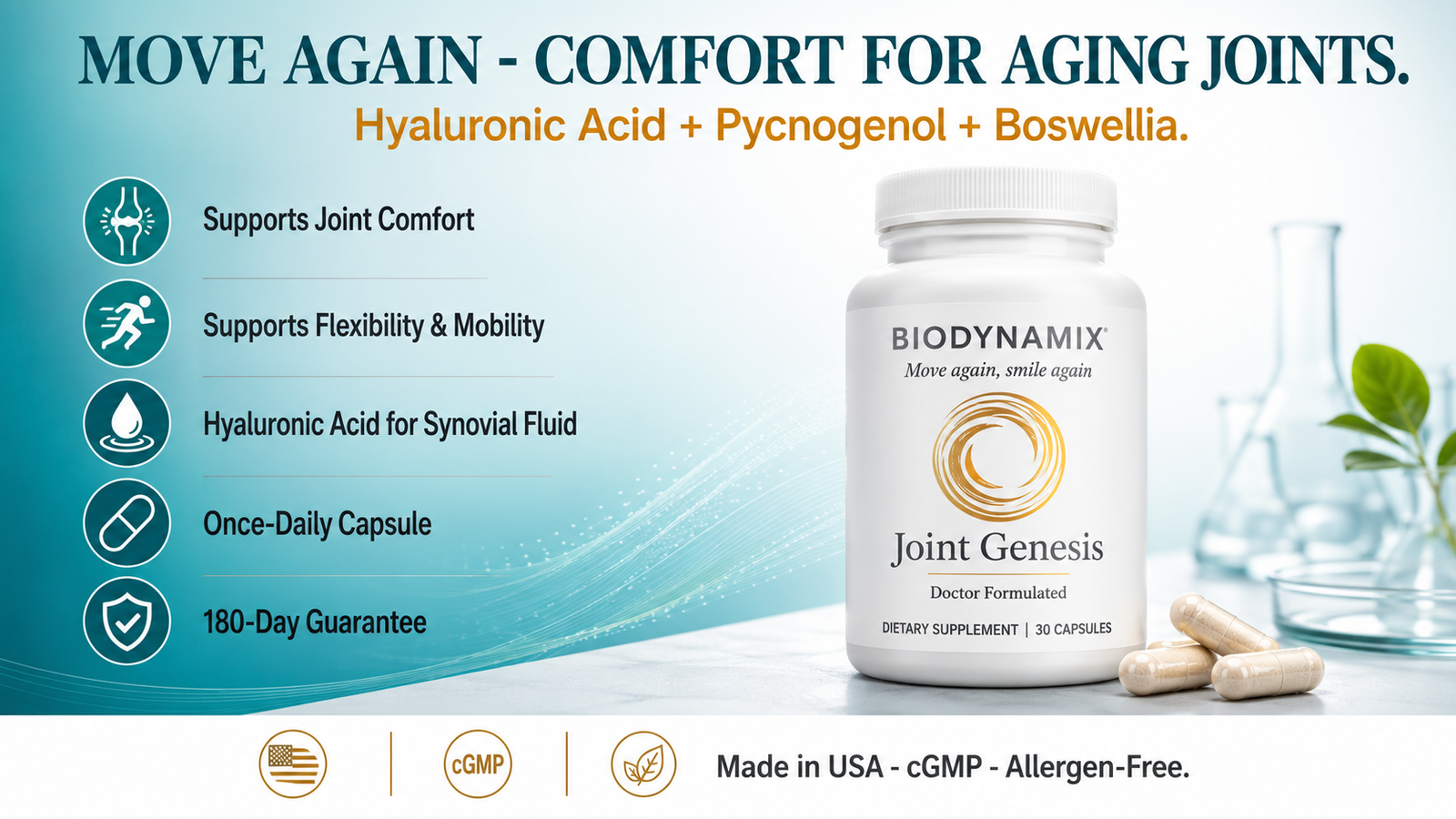 Joint Genesis review 2026 — once-daily joint capsule with Mobilee hyaluronic acid, Pycnogenol, ginger and Boswellia for joint comfort and mobility