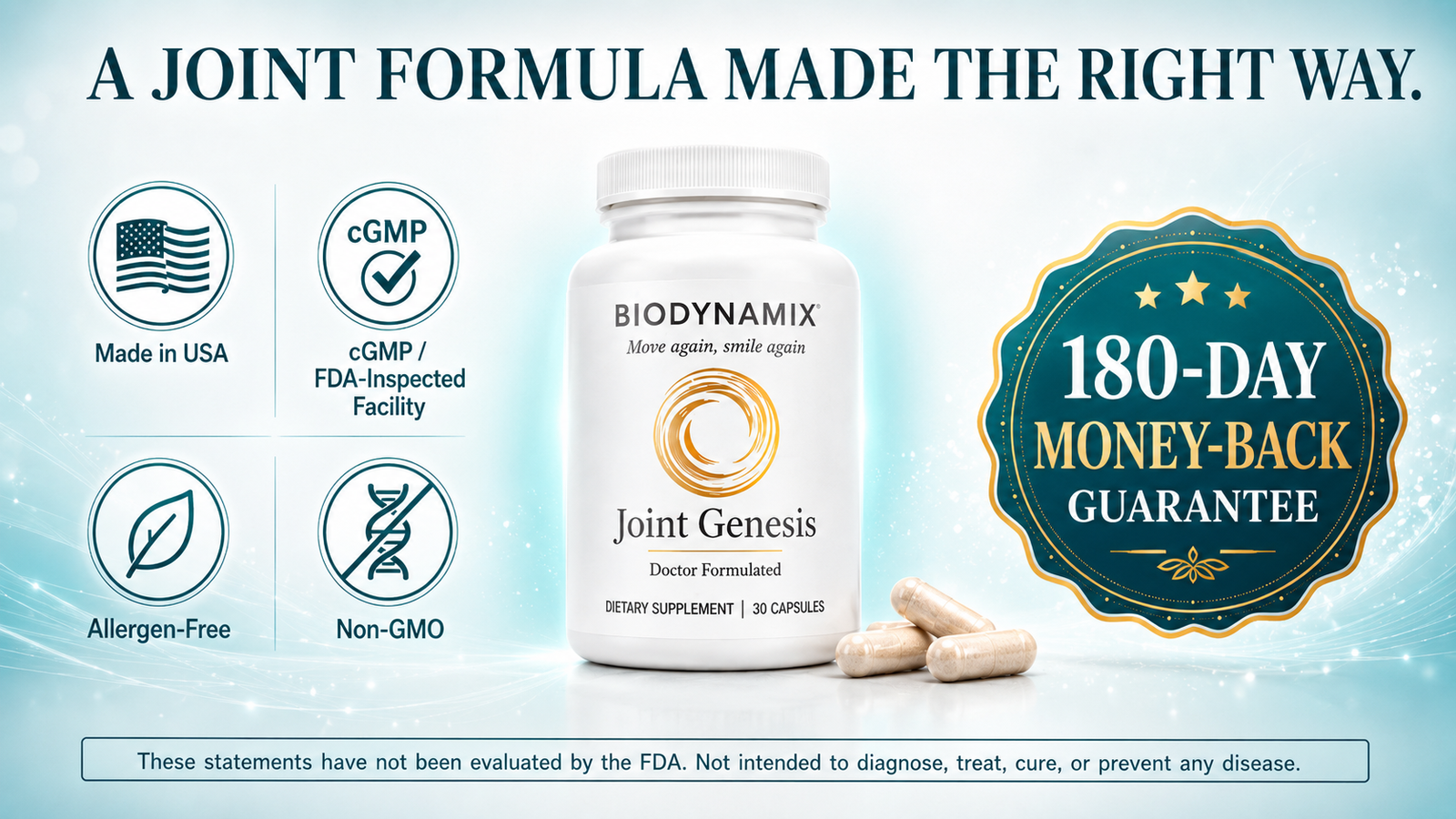 Joint Genesis trust and guarantee — made in a USA cGMP, FDA-inspected facility, allergen-free, backed by a 180-day money-back guarantee