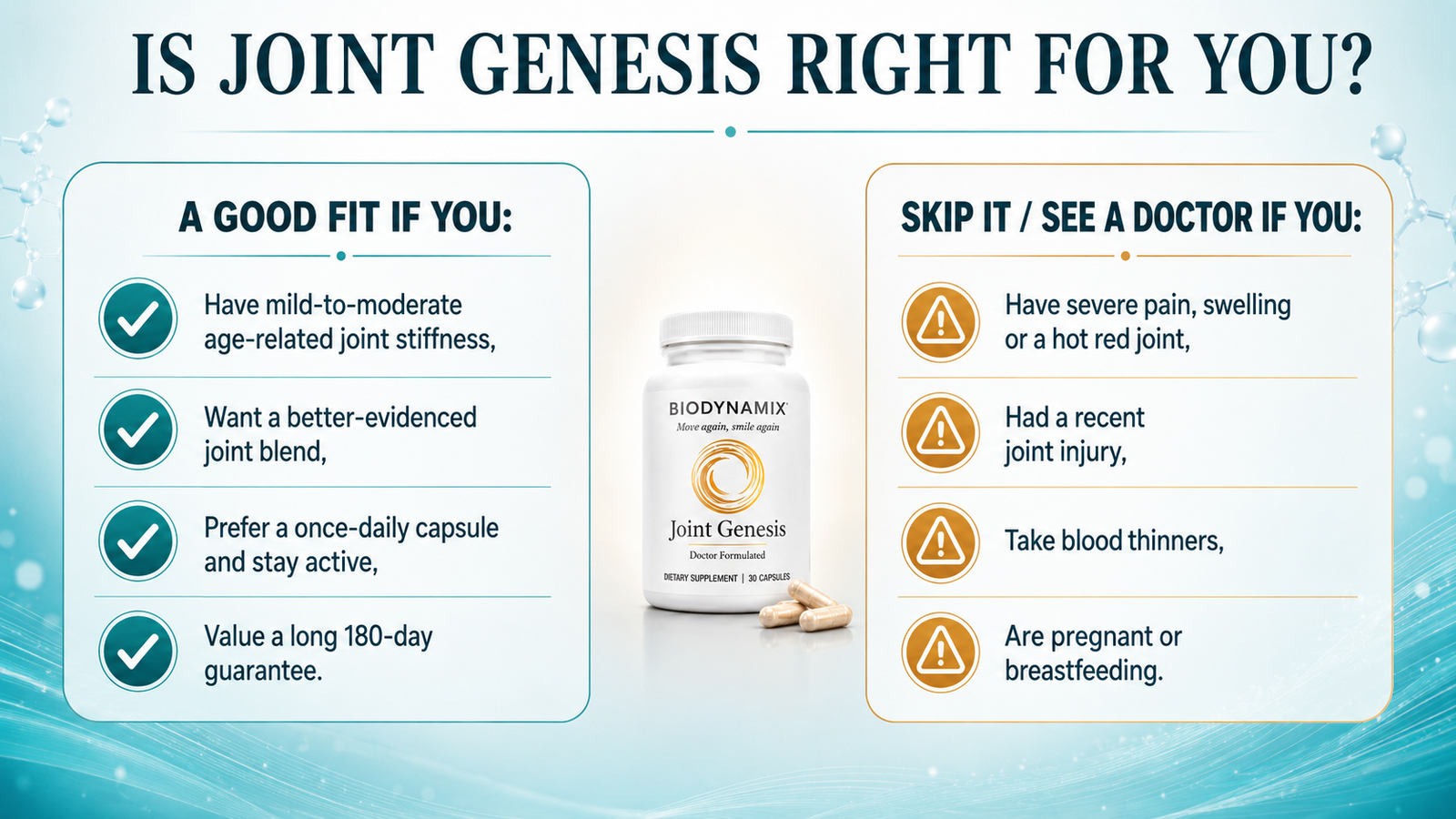 Is Joint Genesis right for you — a fit for mild-to-moderate age-related stiffness; skip it or see a doctor for severe pain, swelling, injury, or a hot red joint