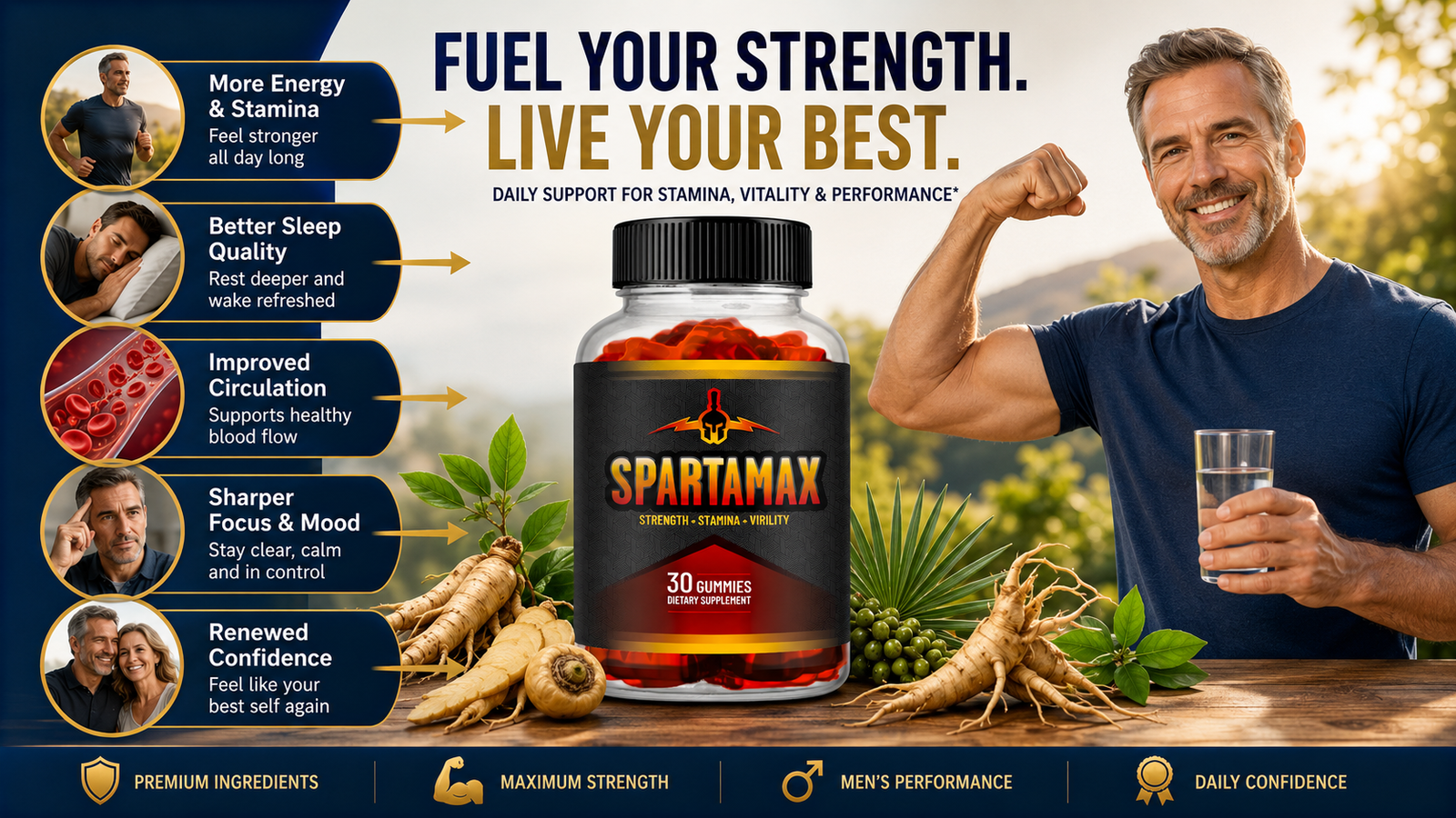 SpartaMax Gummies key benefits infographic showing more energy, better sleep, improved circulation, and renewed confidence for men over 40