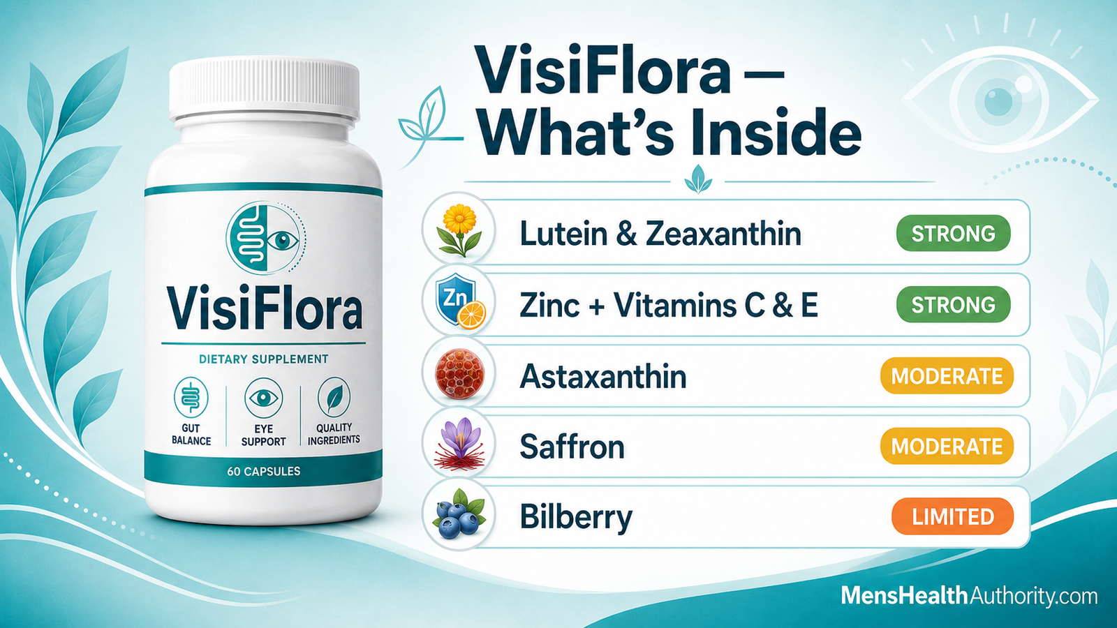 VisiFlora ingredients breakdown — eye-health probiotic strains and antioxidants