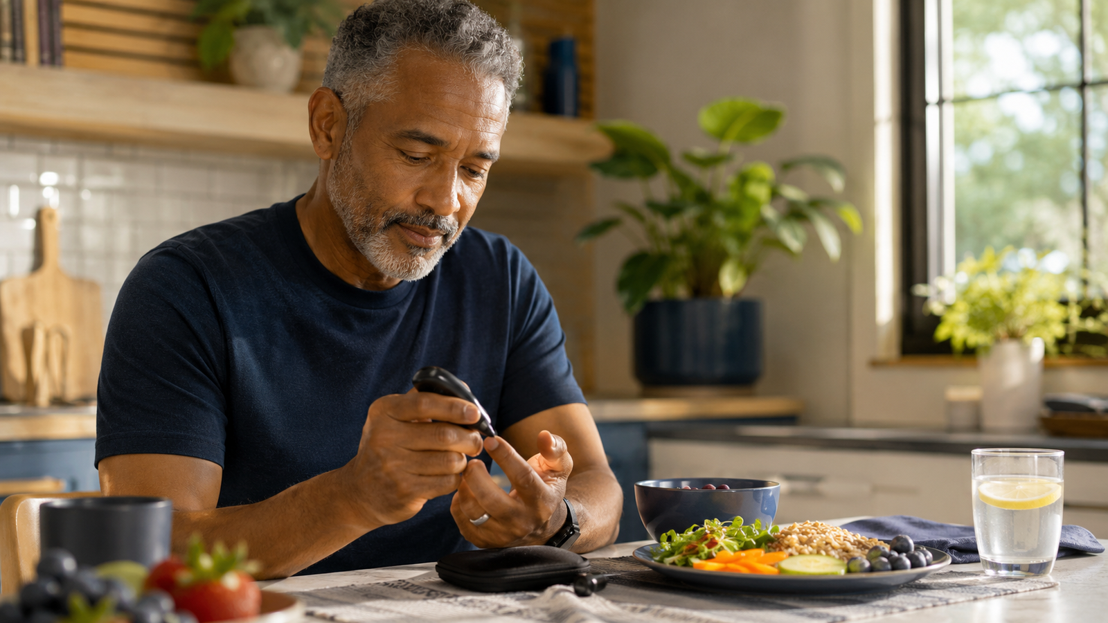 Man over 50 checking his blood sugar with a glucometer beside a healthy low-glycemic breakfast