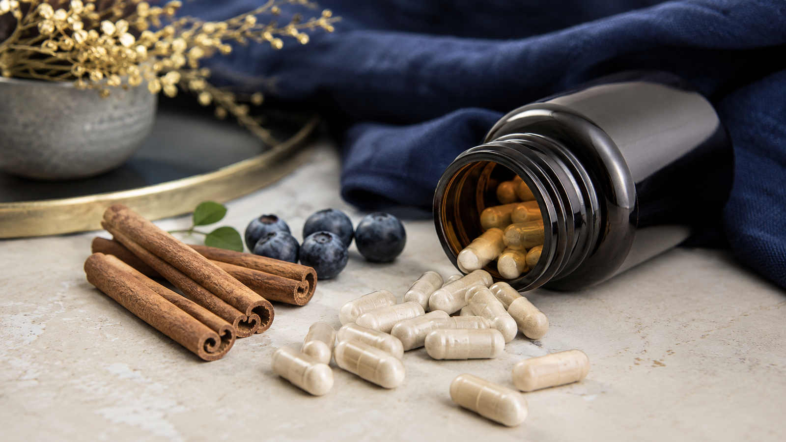 Blood sugar support supplement capsules with cinnamon sticks and berries on a light surface
