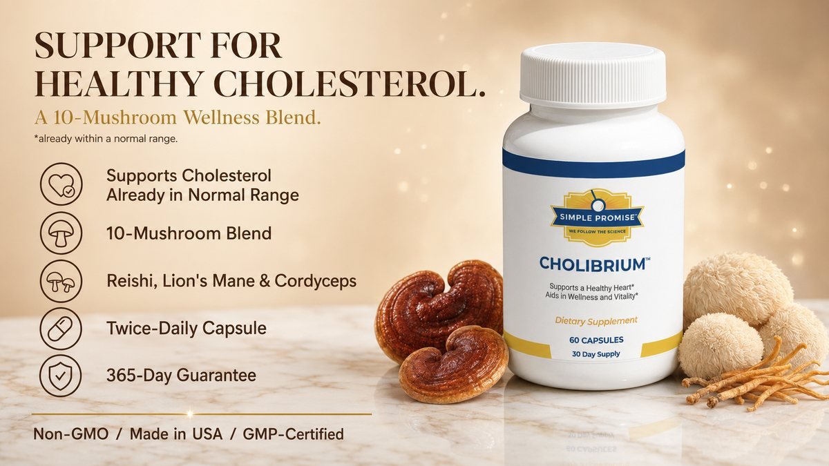 Cholibrium key benefits: 10-mushroom blend, reishi lion's mane and cordyceps, twice-daily capsule, 365-day guarantee