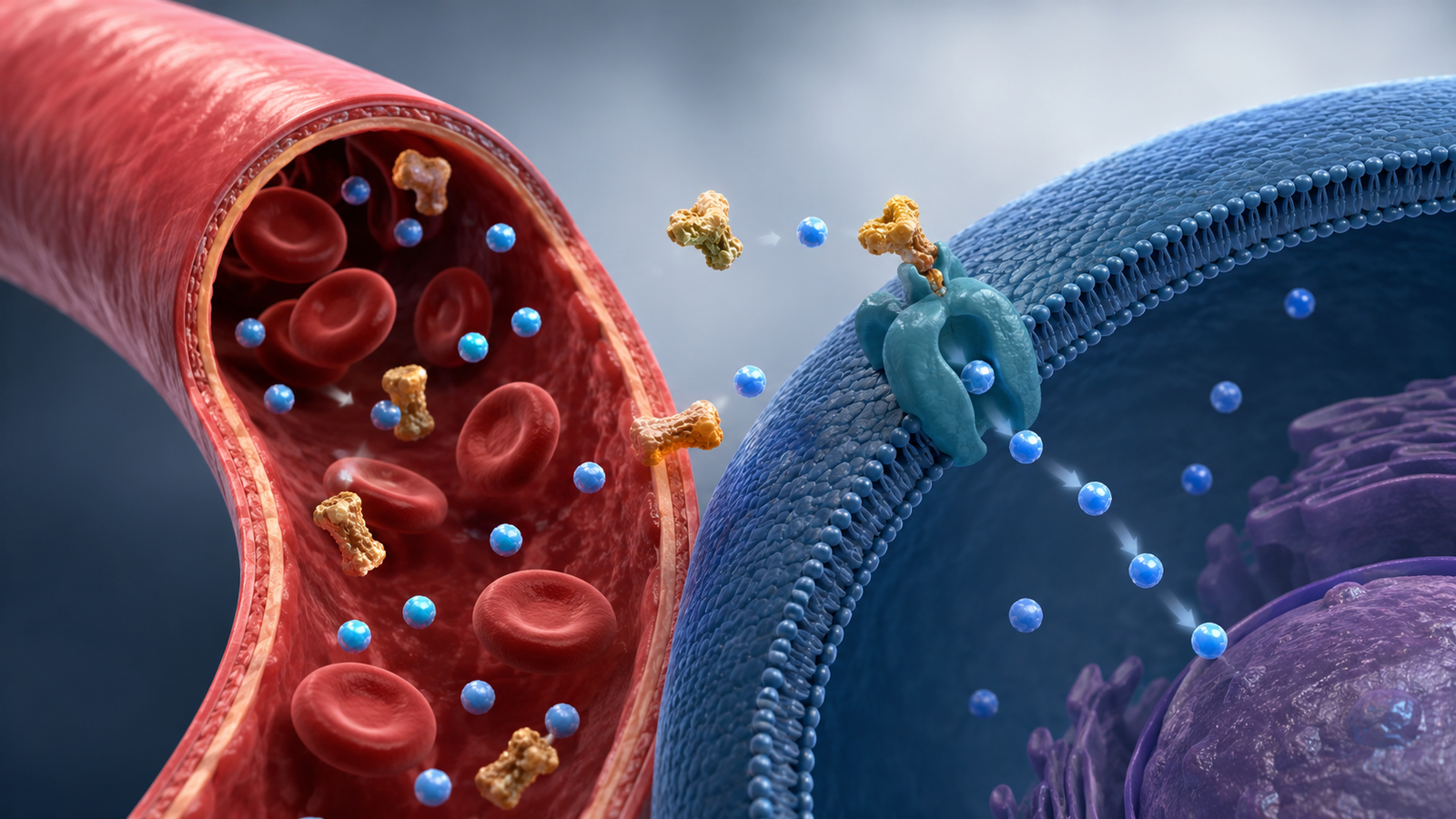Diagram of glucose and insulin in the bloodstream showing how blood sugar supplements support glucose control