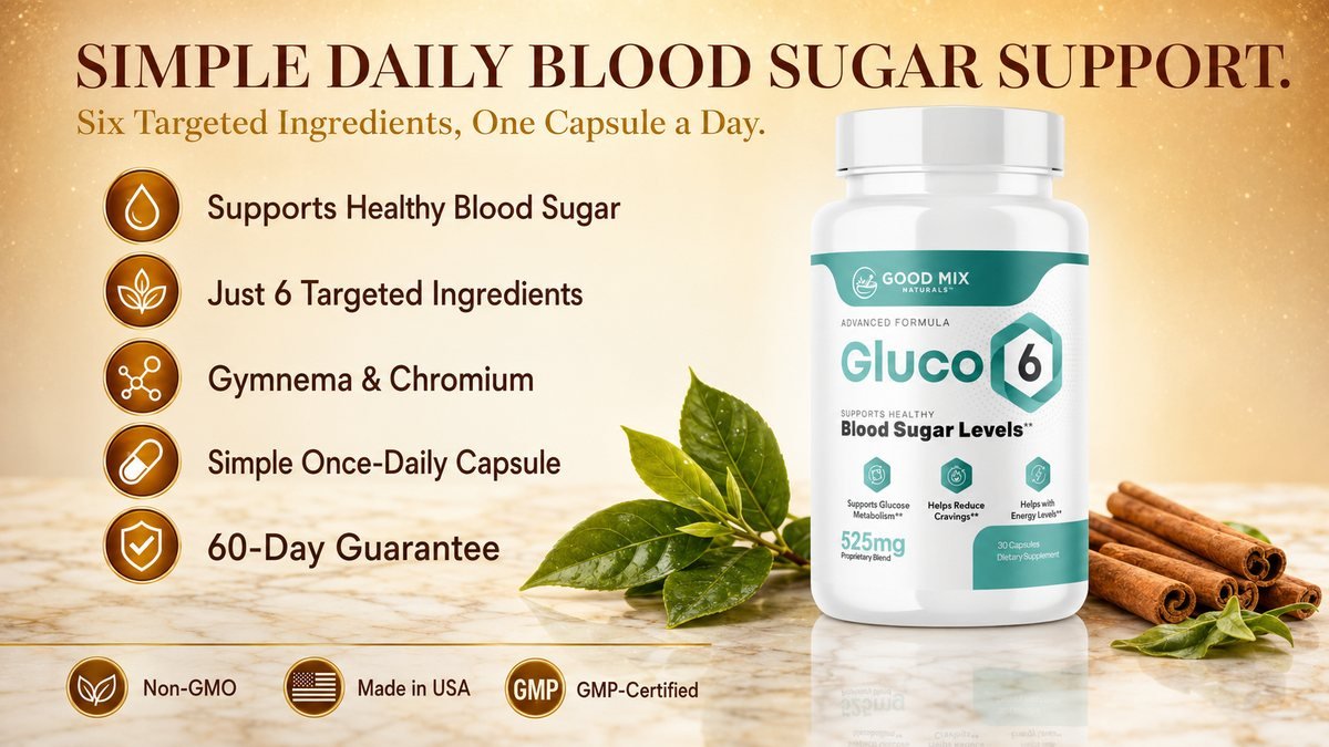 Gluco6 key benefits: simple once-daily capsule, six targeted ingredients, Gymnema and chromium, 60-day guarantee
