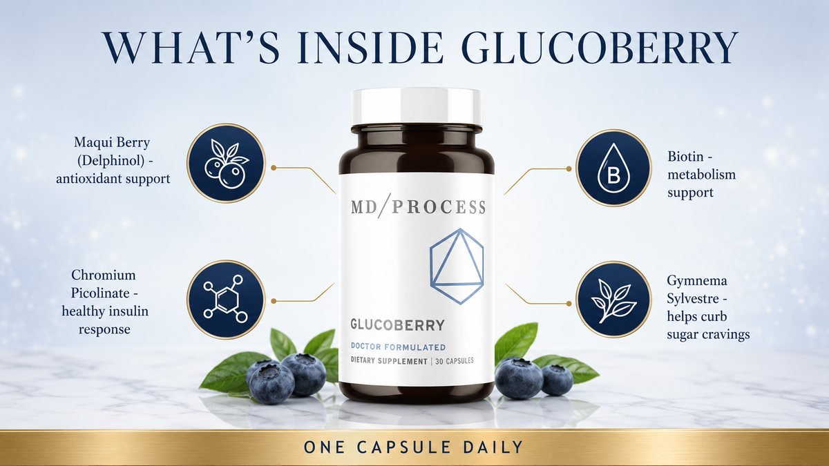 What's inside GlucoBerry: maqui berry Delphinol, chromium picolinate, biotin and Gymnema sylvestre
