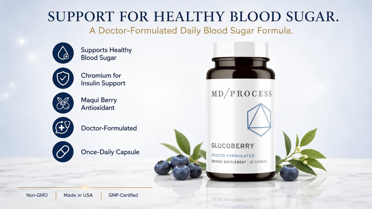 GlucoBerry blood sugar supplement key benefits: supports healthy blood sugar, chromium for insulin support, maqui berry antioxidant, doctor-formulated, once-daily capsule