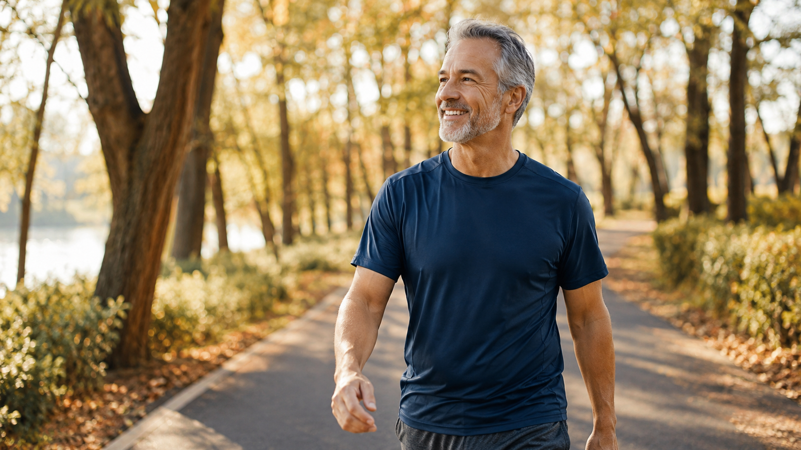 Man over 50 walking outdoors after a meal to help lower blood sugar naturally