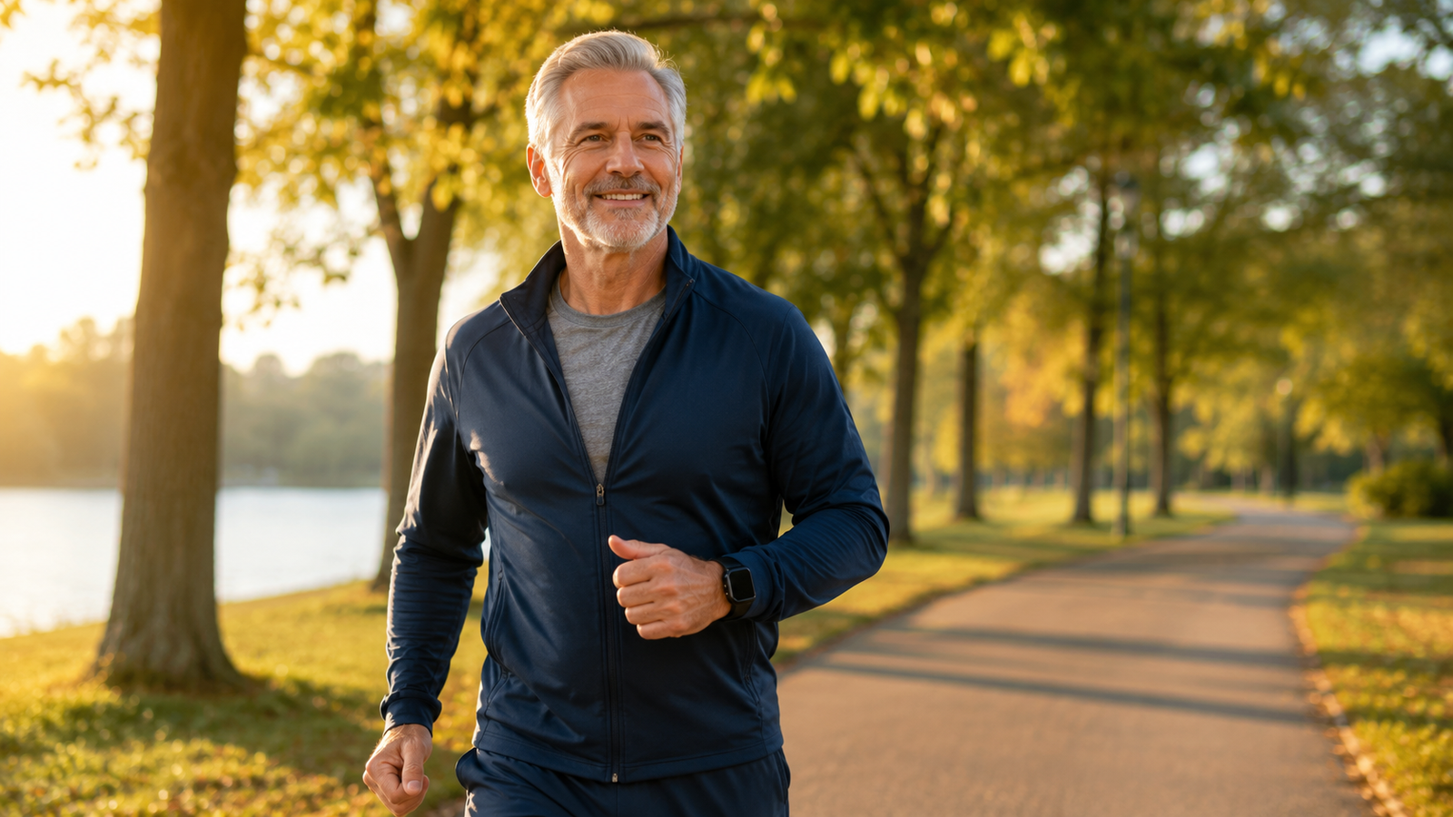 Man over 50 walking outdoors to support prostate and urinary health