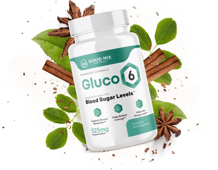 Gluco6 once-daily blood sugar support capsule bottle with ingredients