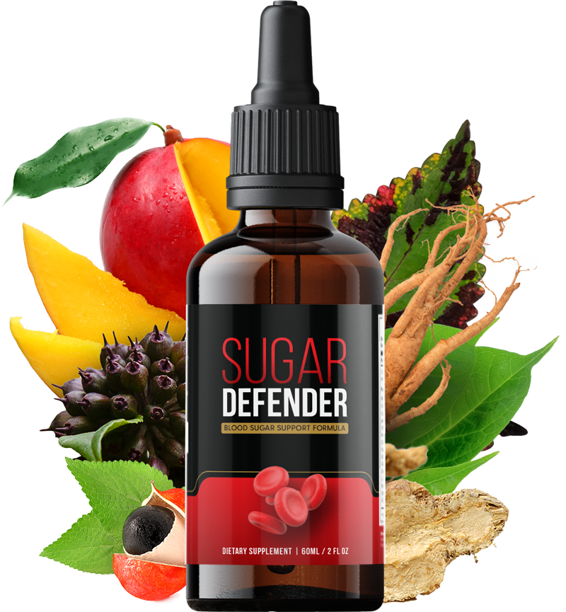 Sugar Defender liquid blood sugar supplement dropper bottle with fresh fruit