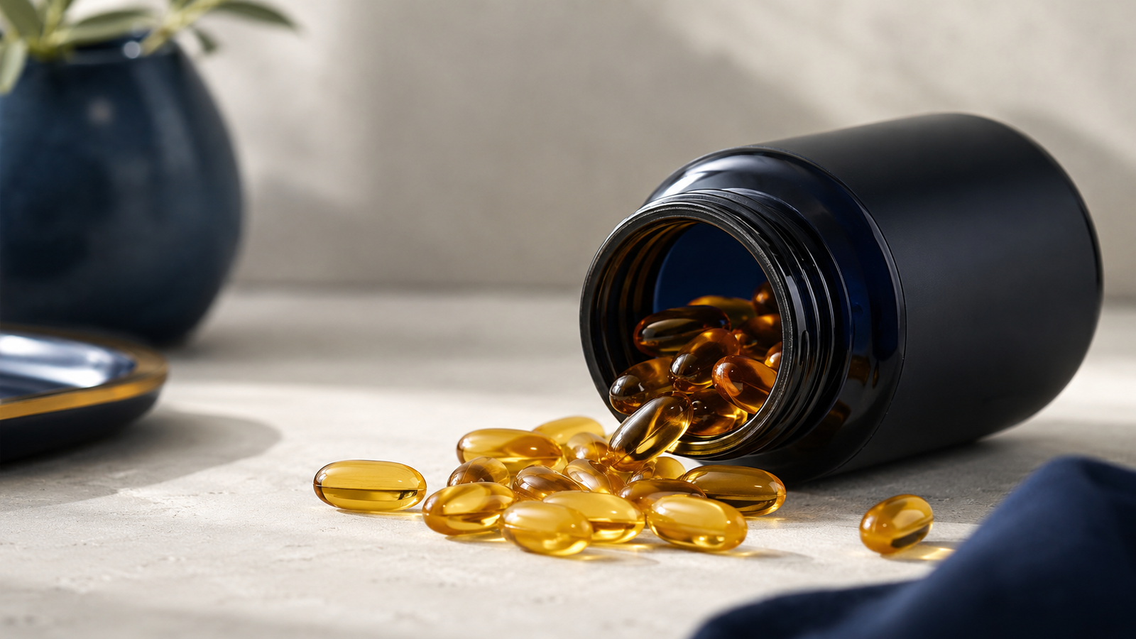 Prostate support supplement capsules and bottle on a table