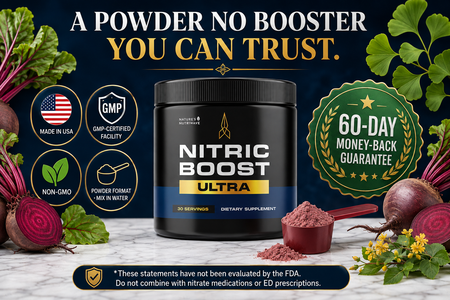 Nitric Boost Ultra NO-booster powder trust badges and 60-day money-back guarantee infographic