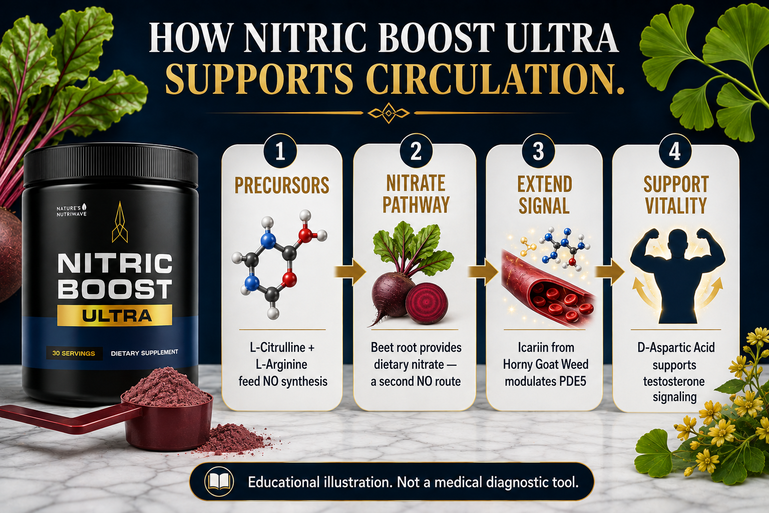 How Nitric Boost Ultra works — 4-step nitric oxide and circulation support process