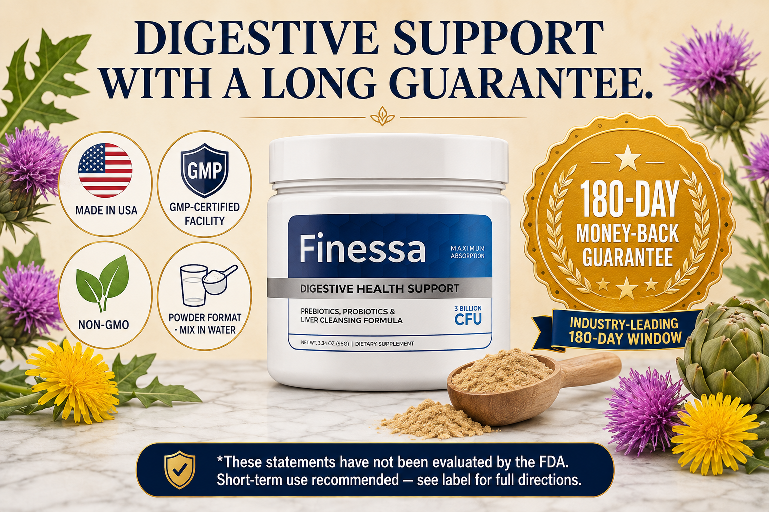 Finessa pricing packages with 180-day money-back guarantee and trust badges